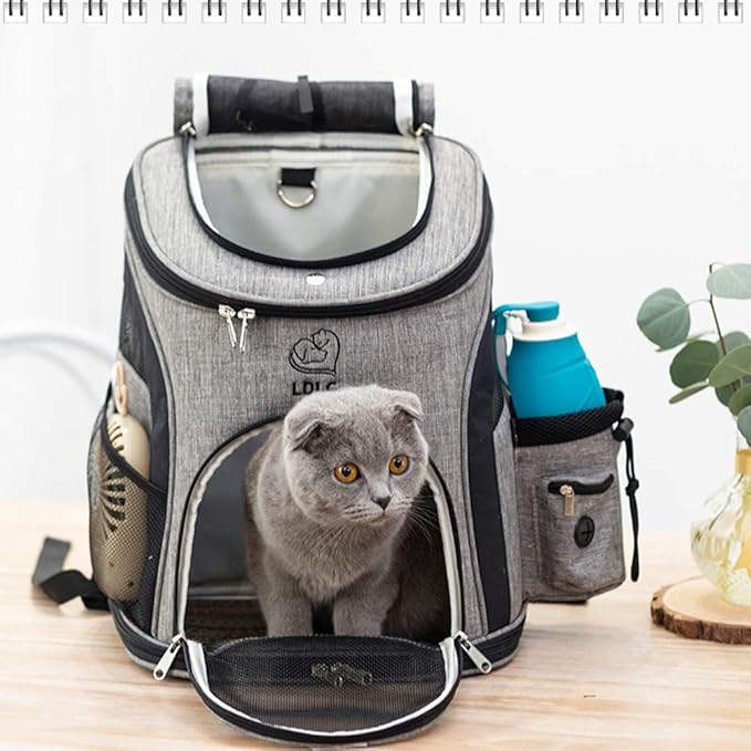 Pet Carrier Backpack for Small Cats and Dog,Breathable Mesh Puppies/Ventilated Design,Two-Sided Entry,Pet Bag for Hiking Travel Camping Outdoor Hold Pets (L, Grey and Black)