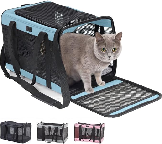 Gorilla Grip Airline Travel Cat Carrier Bag Up to 15 Lbs, Breathable Mesh Collapsible Pet Carriers for Small, Medium Cats, Small Dogs, Puppies, Portable Kennel with Soft Washable, Light Blue