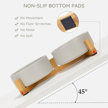 SPUNKYJUNKY Ceramic Dog and Cat Bowl with Wood Stand Non-Slip Matte Glaze Weighted Food Water Set for Cats &Small Dogs 13.5OZ