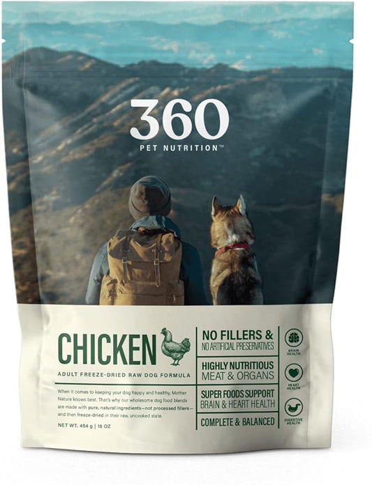 360 Pet Nutrition Freeze Dried Raw Complete Meal for Adult Dogs, High Protein, Omega 3's, No Fillers, Made in The USA, 16 Ounce (Chicken)