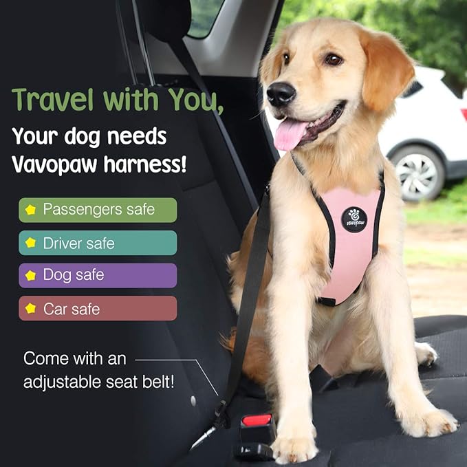 Dog Vehicle Safety Vest Harness, Adjustable Soft Padded Mesh Car Seat Belt Leash Harness with Travel Strap and Carabiner for Most Cars, Medium Size, Pink