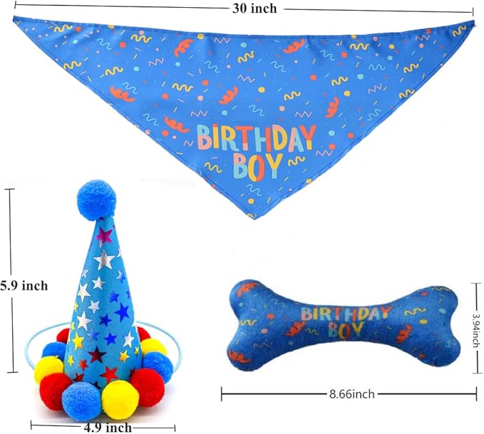 Dog Birthday Boy Bandana Hat Toy Set Pet Happy Birthday Party Supplies Triangle Bibs with Cute Bone Dog Birthday Scarf Accessories and Decoration for Doggy Large Dog – Blue