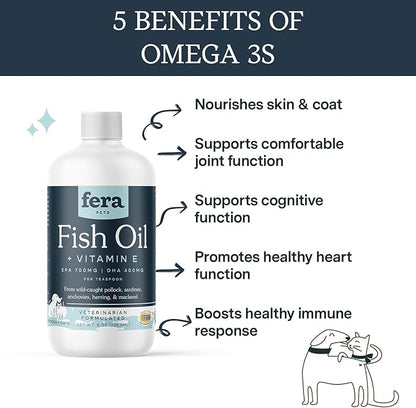 Fera Pet Organics Fish Oil for Dogs & Cats – 8oz, 48 Servings – Vet Created - Liquid Fish Oil with Wild-Caught Fish - for Pet’s Skin, Immune & Brain Function