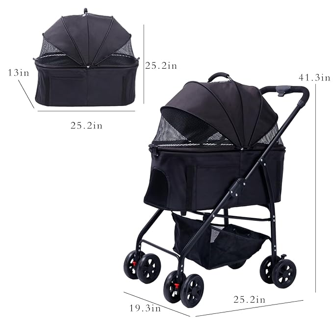 Dog Cat Pet Gear Stroller 3-in-1 Folding Lightweight for Small Medium Dog Cat with Detachable Carrier 4 Wheels