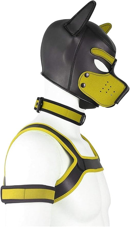 4 Sets Neoprene Puppy Hood Animal Head Mask Novelty Costume Dog (Hood Mask + Collar + Armband + Harness) (Large, Yellow)