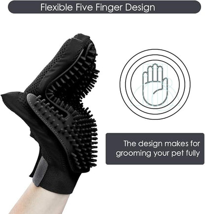 Upgrade Version Pet Grooming Glove - Gentle Deshedding Brush Glove - Efficient Pet Hair Remover Mitt - Enhanced Five Finger Design - Perfect for Dog & Cat with Long & Short Fur - 1 Pair (Black)