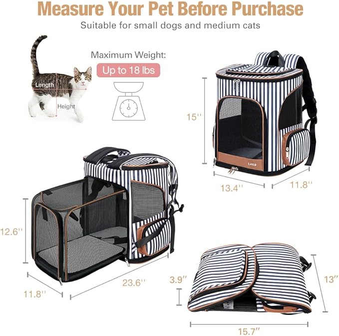 Lekereise Pet Carrier Backpack Expandable Cat Backpack for Small Dogs Cats, Dog Backpack Bag with Breathable Mesh and Inner Safety Leash, Striped