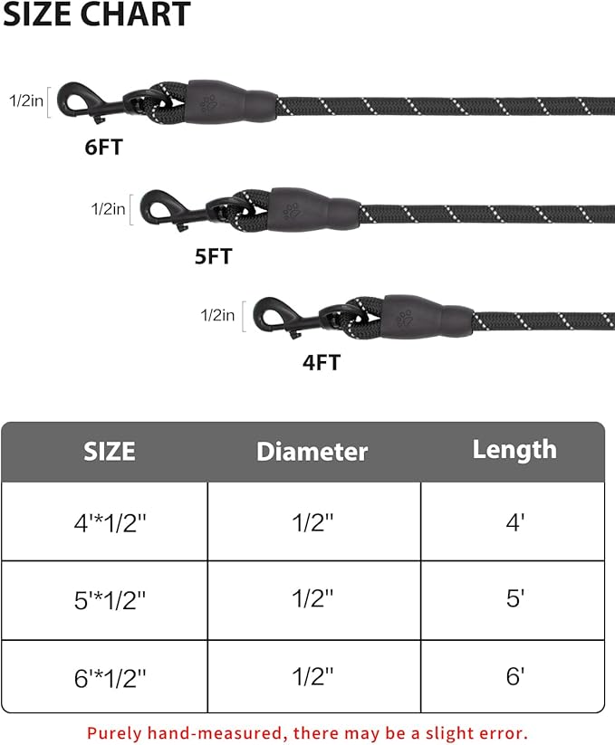 Dog Leash Heavy Duty 4/5/6FT Reflective 6'*1/2'', Black