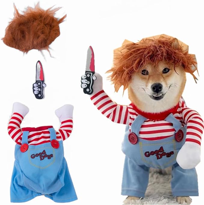 Pet Deadly Doll Dog Costume, Chucky Dog Cosplay Funny Costume Halloween Christmas Dog Clothes Party Costume for Small Medium Large Dogs (XS: Chest circumference 13"-17")