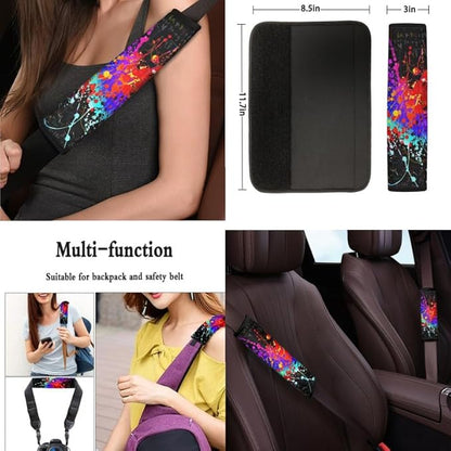 Graffiti Painting Car Seat Covers Set for Women Men Splashing Paintings Seat Belt Strap Cover
