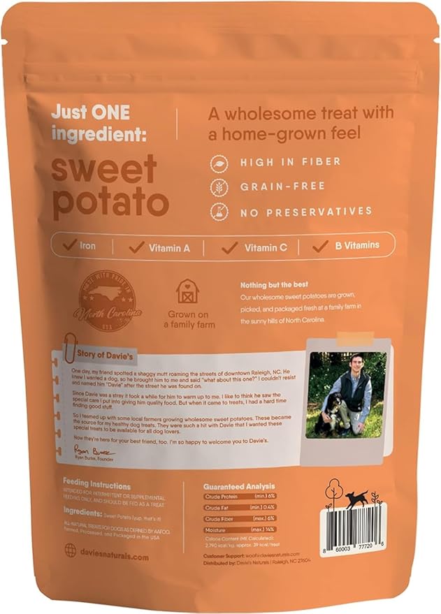 Davie's Sweet Potato Dog Treats - Healthy Dog Treats Made in USA Only, Natural Dog Treats, Healthy Dog Chews, Low Fat Dog Treats, 2 Pound Bag