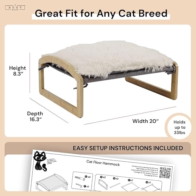 7 Ruby Road Large Cat Hammock Bed with Two Washable Covers for All Seasons - Wooden, Elevated Cat Beds for Indoor Cats, Dogs, Rabbit and Small Pets, 20 X 16.3 X 8 Inch Pet Furniture