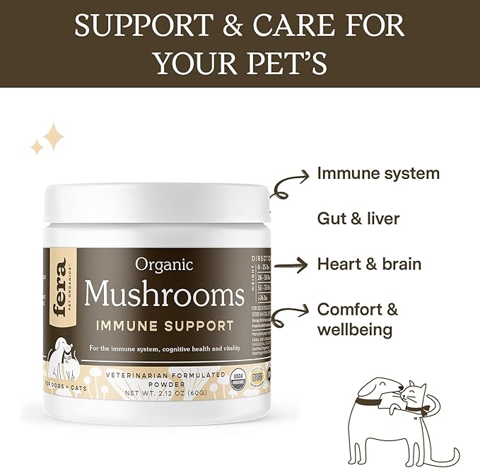 Fera Pet Organics Turkey Tail Mushroom Supplement for Dogs & Cats - Vet Created - for Cognition & Immune System – Organic Lion’s Mane, Shiitake Mushrooms - 120 Scoops