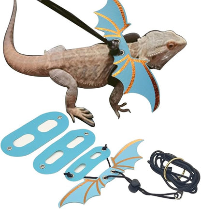 Adjustable Bearded Dragon Leash Harness,3 Size Pack Leather Wings Safty Walking Leash for Bearded Dragon Lizard Reptiles (Blue)