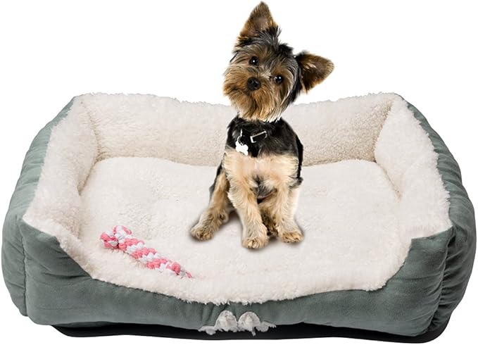 047393528445 Rectangle Pet Bed with Dog Paw Printing Toys, 25" x 21", Brown/Coffee