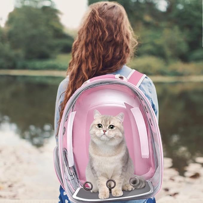 Pet Backpack Carrier with Harness Backpack with Bubble Clear Front for Cats, Small Dogs, Bunnies etc with Harness Included, Pet Carrier for Traveling, Walking, Hiking and Outdoor Activities