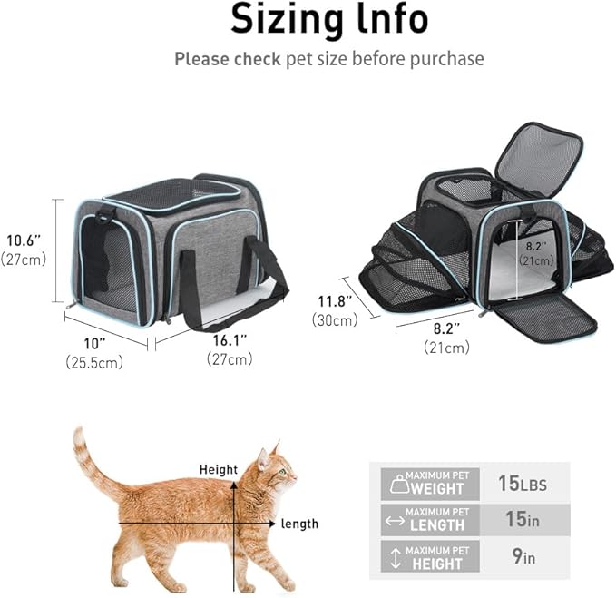 Fancial Expandable pet carrier, airline-approved collapsible cat soft-sided carrier with removable plush pad, suitable for cats, small dogs, small dogs (16.2 inches x 10 inches x 10.6 inches)