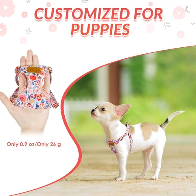 SlowTon No Pull Dog Harness with Leash - Soft Lightweight Floral Pattern Puppy Harness, Adjustable Pet Harness for Small Medium Dogs (Flower XXS)