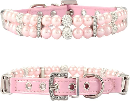Pink Pearl Dog Collar, Pearl Cat Collar PU Leather Female Dogs Necklace with Crystal Diamond Rhinestone Jewlled for Small Medium Dogs Wedding & Birthday Gift, M