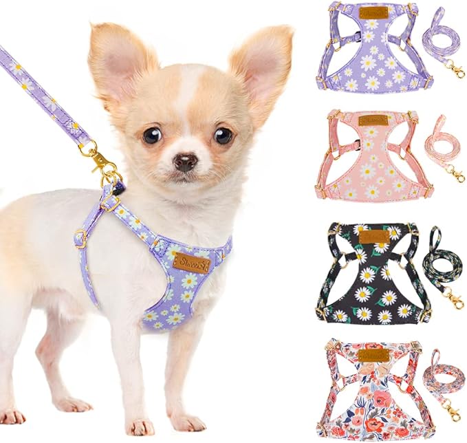 SlowTon No Pull Dog Harness with Leash - Soft Lightweight Floral Pattern Puppy Harness, Adjustable Pet Harness for Small Medium Dogs Doggie (Purple XXS)