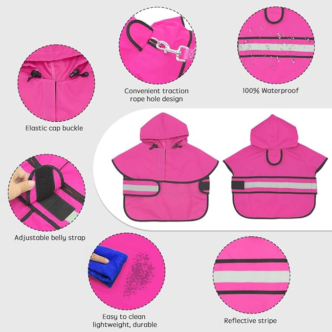 Candofly Dog Raincoat Reflective Dog Rain Jacket Waterproof Hooded Ponch Dog Rain Coat for Small Medium Large Dogs (Pink