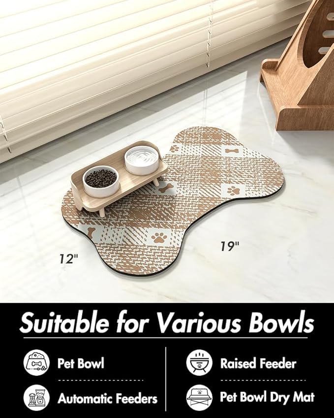 PADOOR- Dog Food Mat- Absorbent Pet Food Mat- Dog Bowl Mat Bone Shaped- Quick Dry Dog Feeding Mat 12"x19", Brown