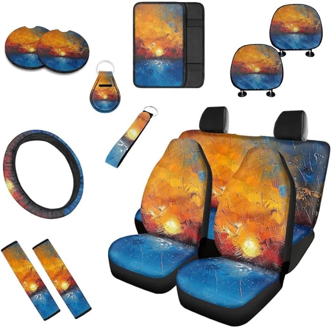 Sunsets Paint Car Seat Covers Set for Women Men Artistic Sunset Seat Belt Strap Cover