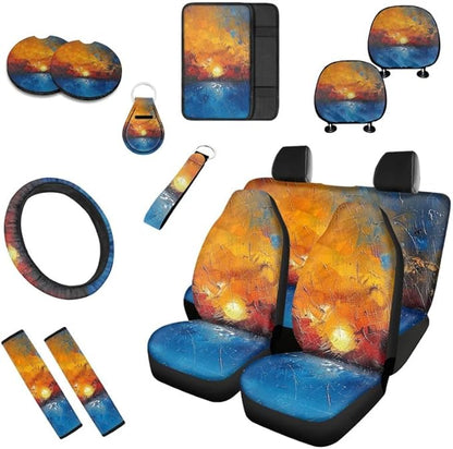 Sunsets Paint Car Seat Covers Set for Women Men Artistic Sunset Seat Belt Strap Cover