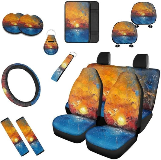 Sunsets Paint Car Seat Covers Set for Women Men Artistic Sunset Seat Belt Strap Cover
