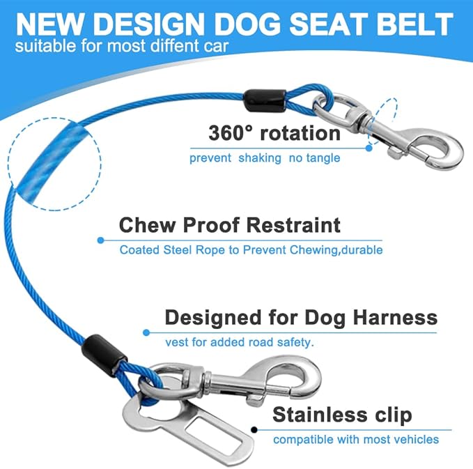 Dog Seat Belt Harness for Car,2pcs Dog Seatbelt of Coated Wire Leash Safety Restraint,No Chew Tether Cable Vehicle Dog Accessories,Double Clips & Latch (2 Pack Red+Blue, 24 inch/60 CM)