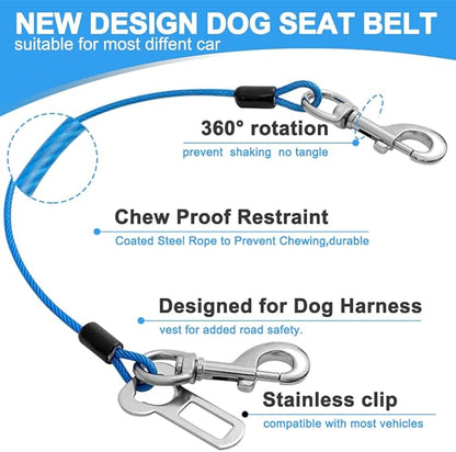 Dog Seat Belt Harness for Car,2pcs Dog Seatbelt of Coated Wire Leash Safety Restraint,No Chew Tether Cable Vehicle Dog Accessories,Double Clips & Latch (2 Pack Red+Blue, 24 inch/60 CM)