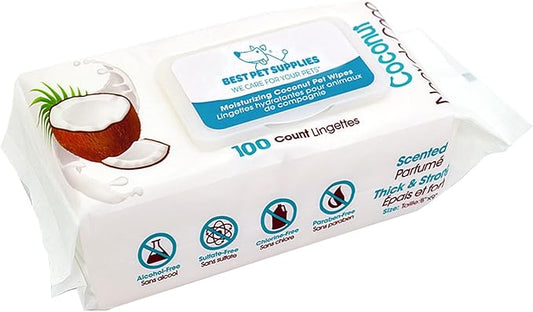 Best Pet Supplies 8" x 9" Pet Grooming Wipes for Dogs & Cats, 100 Pack, Plant-Based Deodorizer for Coats & Dry, Itchy, or Sensitive Skin, Clean Ears, Paws, & Butt - Moisturizing Coconut