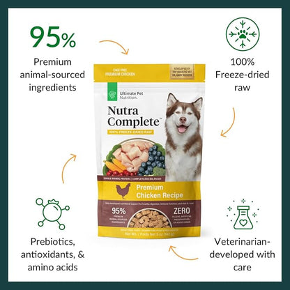 ULTIMATE PET NUTRITION Nutra Complete Raw Freeze Dried Dog Food, Veterinarian Formulated with Antioxidants, Prebiotics & Amino Acids (5 Ounce, Chicken)