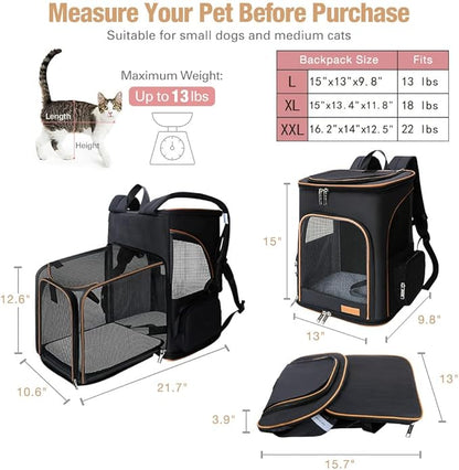 Lekereise Pet Carrier Backpack Expandable Cat Backpack for Small Dogs Cats, Dog Backpack Bag with Breathable Mesh and Inner Safety Leash, Black