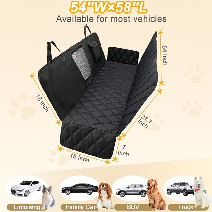 Dog Car Seat Cover for Back Seat Waterproof Seat Protector Scratchproof Pet Hammock Washable Nonslip Backseat Protection for Cargo Truck and SUV (Black-01)