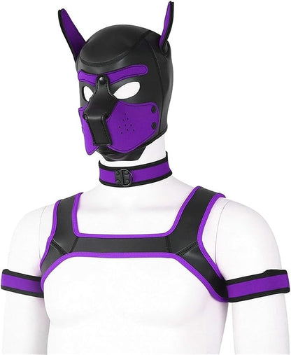 4 Sets Neoprene Puppy Hood Animal Head Mask Novelty Costume Dog (Hood Mask + Collar + Armband + Harness) (Large, Purple)