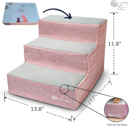 3-Step Pet Stairs for Small Dogs and Cats, Portable Ramp Stairs for Couch, Sofa, High Bed Climbing, Non-Slip Balanced Step Support, Paw Safe, Elegant, Easy to Assemble (Pink & Light Gray)