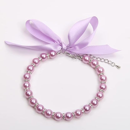 Dog Cat Pearls Necklace Collar with Bling Accessories and Ribbon Bow Pet Puppy Jewelry for Female Dogs Cats Small Medium (L