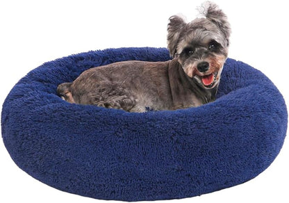 23" Calming Dog Bed,Anti Anxiety Donut Dog Bed,Plush Round Pet Beds for Small Dogs,Fluffy Faux Fur Cat Bed,Washable Cuddler Dog Bed(Dark Blue,Small)