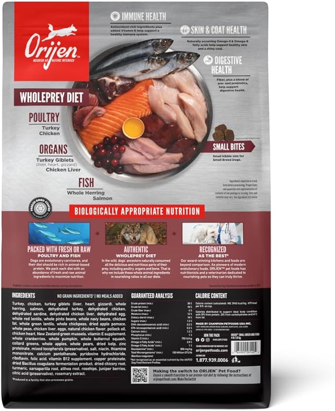 ORIJEN Small Breed Dry Dog Food, Grain Free Dry Dog Food for Small Breeds, Fresh or Raw Ingredients, 4lb