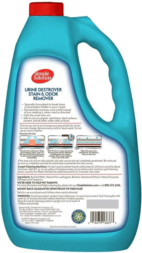 Simple Solution Pet Urine Destroyer | Enzymatic Cleaner with 2X Pro-Bacteria Cleaning Power | Targets Urine Stains and Odors | 1 Gallon, 128 oz Refill