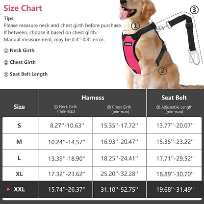 Dog Vehicle Safety Vest Harness, Adjustable Soft Padded Mesh Car Seat Belt Leash Harness with Travel Strap and Carabiner for Most Cars, XXL Size, Magenta