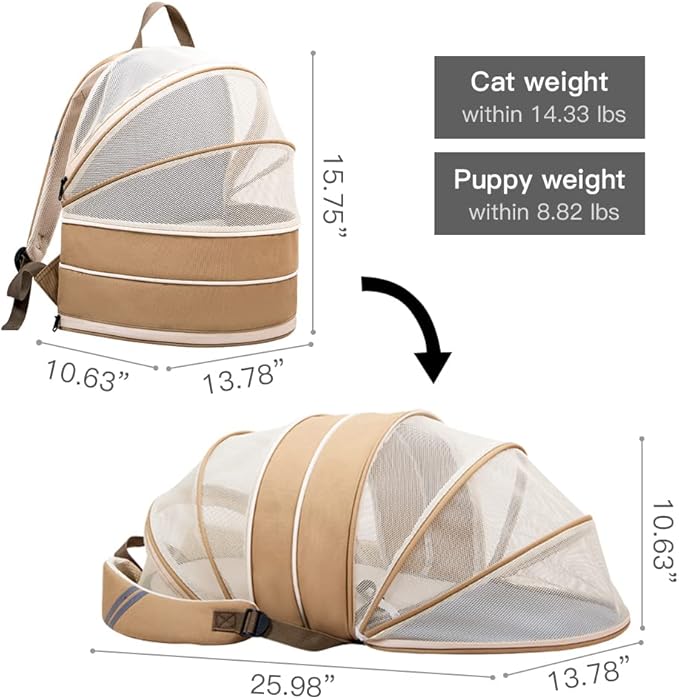 La La Pet® Expandable Pet Carrier Backpack Folding Pet Tent Pet Travel Carrier Cat Travel Backpack Puppy Carrier Backpack Kitten Backpack Carrier for Indoor Outdoor Use Khaki