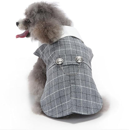 Puppy Tuxedo with Detachable Bowtie Prom Wedding Formal Wear Prince Costume for Small Dog (X-Small, Grey Plaid)