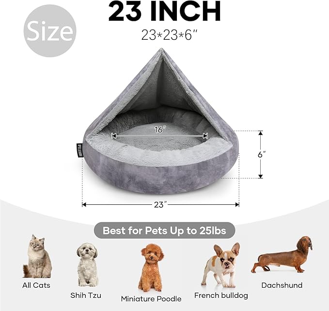 Cozy Soft Dog Bed with Hooded Blanket Warm Calming Cat Cave for Small Medium Dogs and Cats 23x23x6″