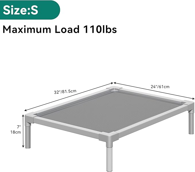 YITAHOME Cooling Elevated Dog Bed, Chew Proof Raised Pet Cot with Aluminum Frame, Breathable Textilene Mesh, Enclosed Edges, Non-Slip Feet, Durable Dog Bed for Indoors & Outdoors, Grey, 32 Inch