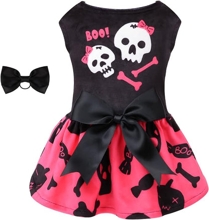 CuteBone Halloween Skulls Dog Dress Velvet for Small Dogs Girl Puppy Dresses Pink Dog Clothes CVA02XS-D