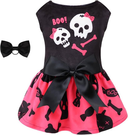 CuteBone Halloween Skulls Dog Dress Velvet for Small Dogs Girl Puppy Dresses Pink Dog Clothes CVA02XXS-D