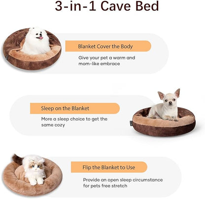 Cozy Soft Dog Bed with Hooded Blanket Warm Calming Cat Cave for Small Medium Dogs and Cats 23x23x6″