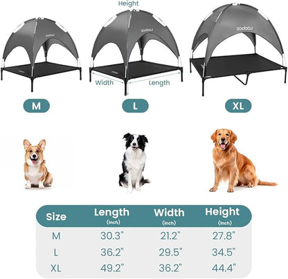 36.4" Elevated Outdoor Dog Bed with Canopy, Large Cooling Raised Pet Cot with Removable Sunshade for Camping, Deluxe 600D PVC with 2x1 Textilene Dog Bed